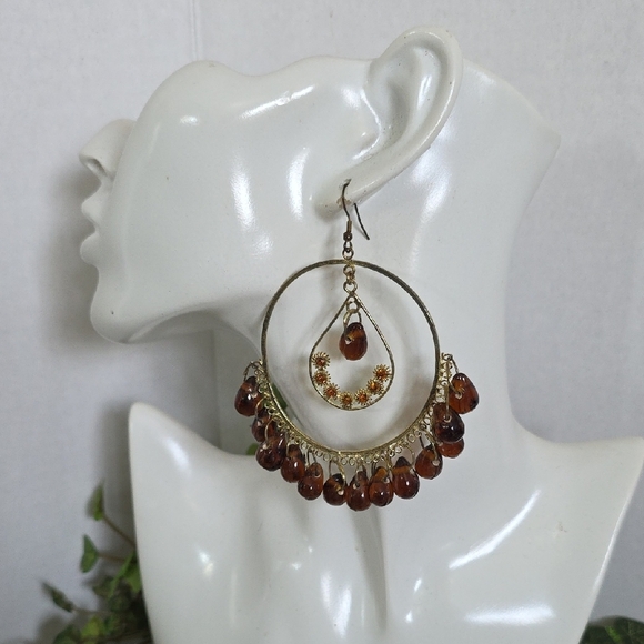 Large Statement Gold Hoop Earrings with Amber Glass Beads - Picture 3 of 14